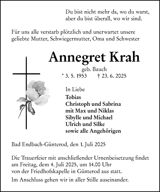 Traueranzeige von Annegret Krah von Hinterländer Anzeiger