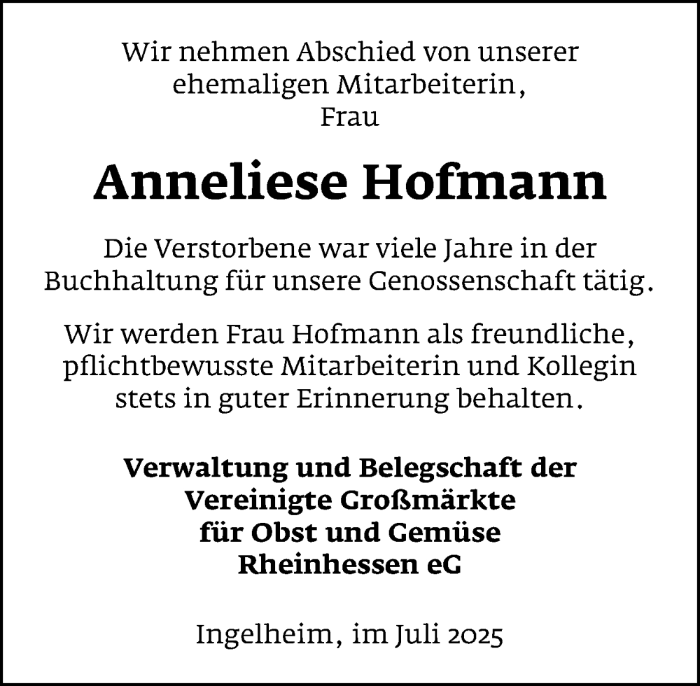  Traueranzeige für Anneliese Hofmann vom 12.07.2025 aus Allgemeine Zeitung Rheinhessen-Nahe