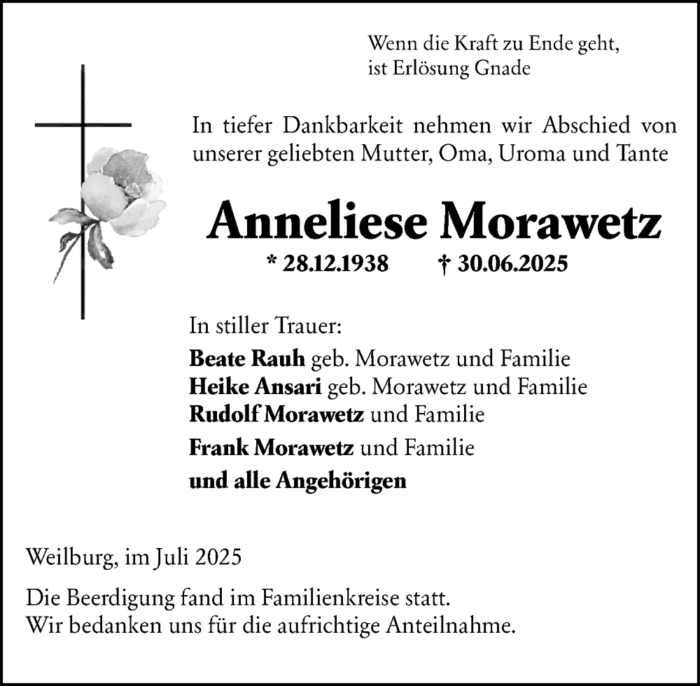  Traueranzeige für Anneliese Morawetz vom 17.07.2025 aus Weilburger Tageblatt