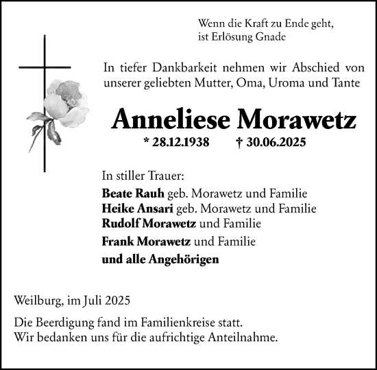 Traueranzeige von Anneliese Morawetz von Weilburger Tageblatt