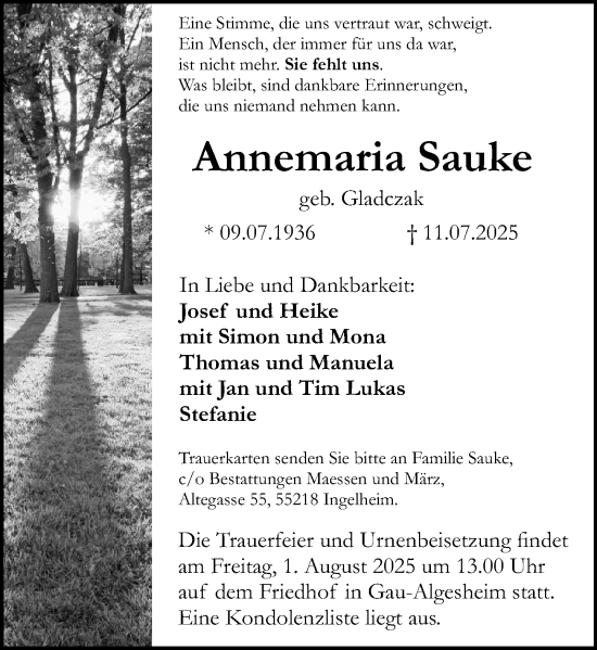 Traueranzeige von Annemaria Sauke von Allgemeine Zeitung Rheinhessen-Nahe