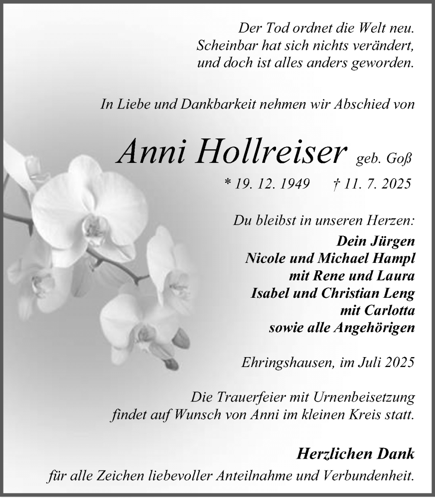  Traueranzeige für Anni Hollreiser vom 19.07.2025 aus Wetzlarer Neue Zeitung