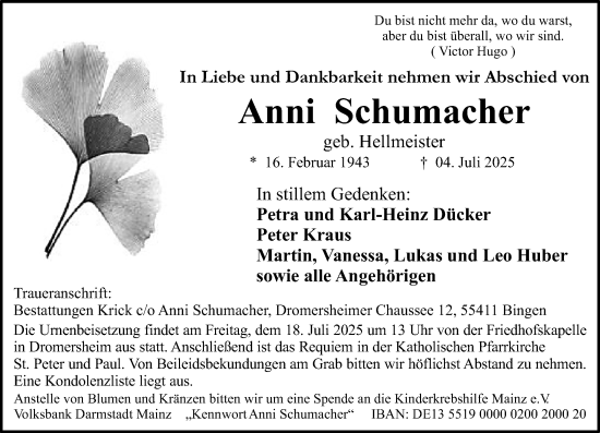 Traueranzeige von Anni Schumacher von Binger-/Ingelheimer Wochenblatt