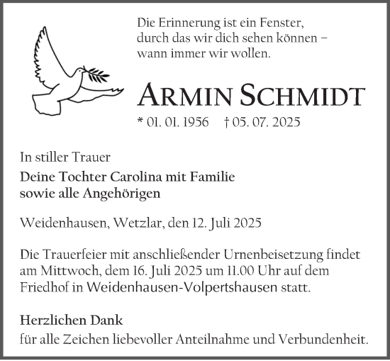 Traueranzeige von Armin Schmidt von Wetzlarer Neue Zeitung