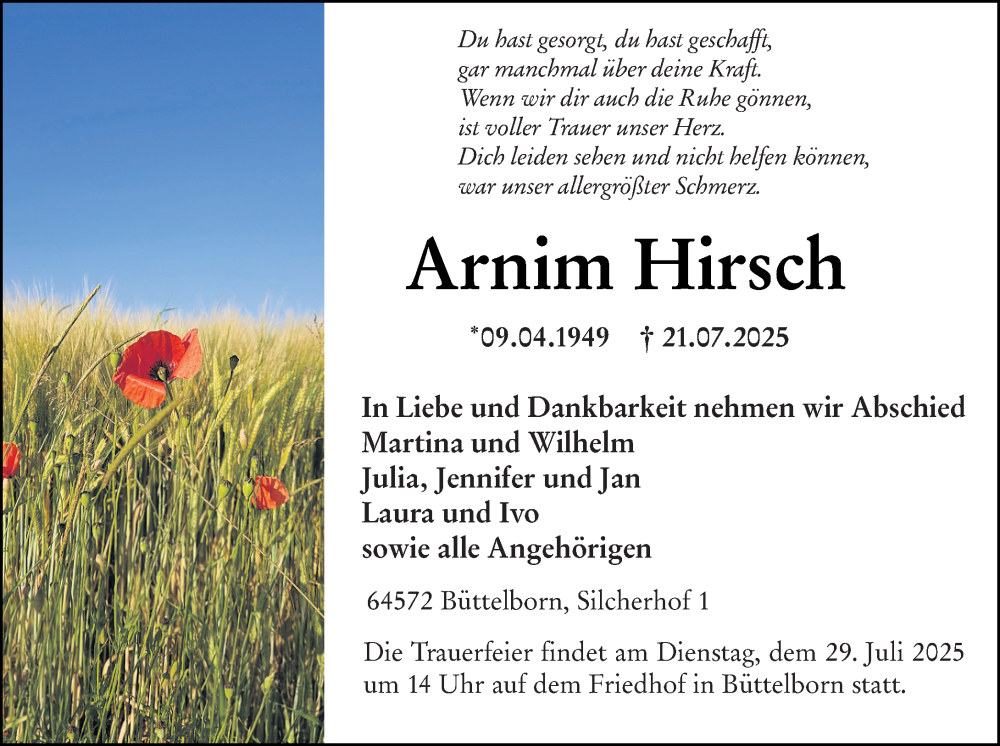 Traueranzeige für Arnim Hirsch vom 26.07.2025 aus Groß-Gerauer Echo