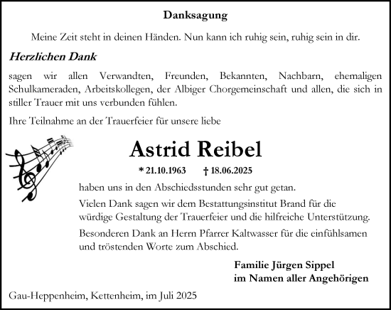 Traueranzeige von Astrid Reibel von Allgemeine Zeitung Alzey