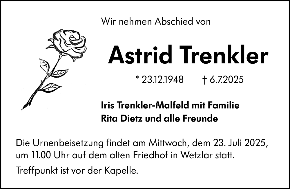  Traueranzeige für Astrid Trenkler vom 19.07.2025 aus Wetzlarer Neue Zeitung