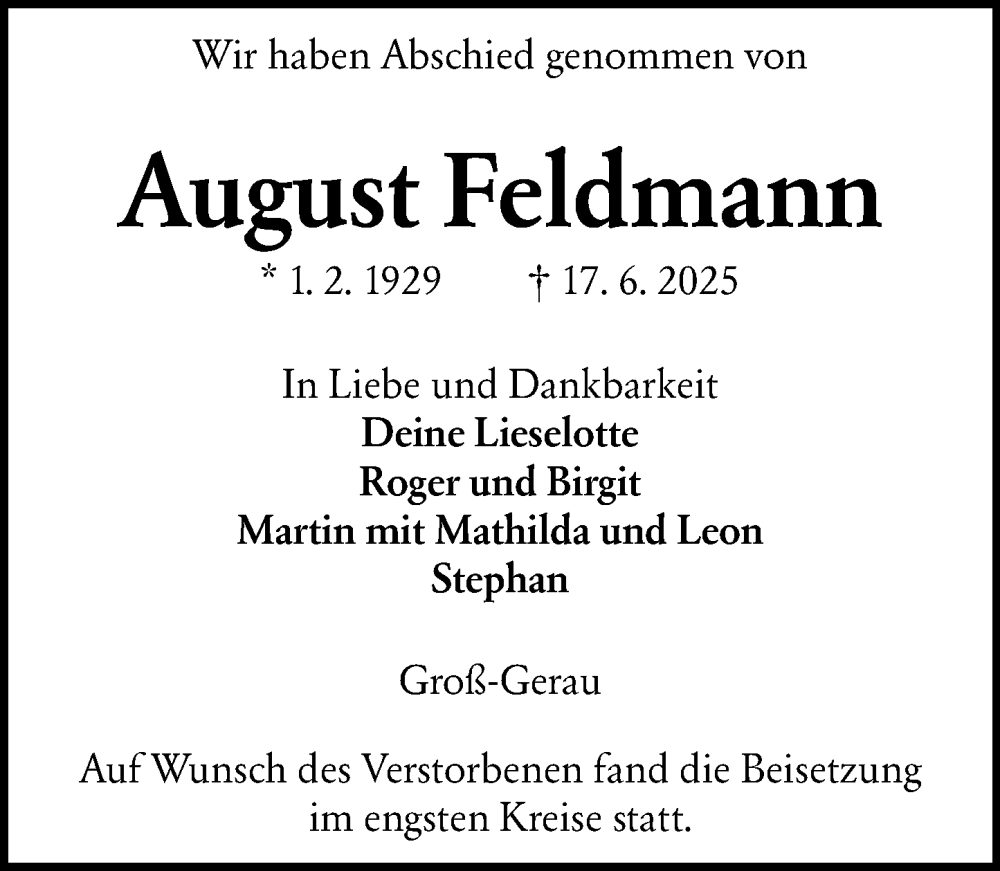  Traueranzeige für August Feldmann vom 12.07.2025 aus Groß-Gerauer Echo