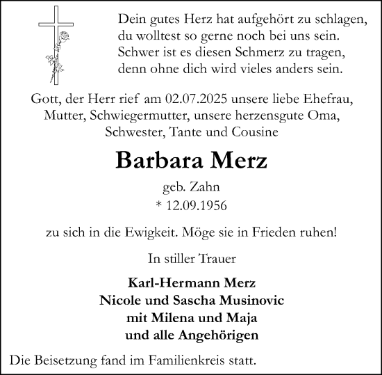 Traueranzeige von Barbara Merz von Allgemeine Zeitung Mainz