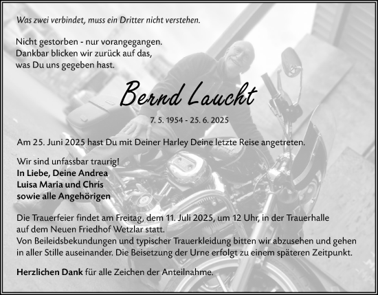 Traueranzeige von Bernd Laucht von Wetzlarer Neue Zeitung