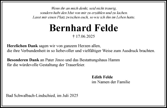 Traueranzeige von Bernhard Felde von Wiesbadener Kurier