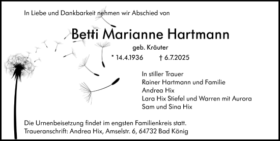 Traueranzeige von Betti Marianne Hartmann von Odenwälder Echo