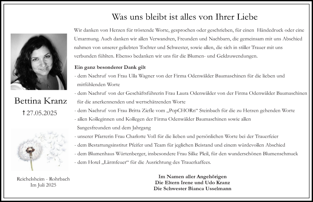  Traueranzeige für Bettina Kranz vom 05.07.2025 aus Odenwälder Echo