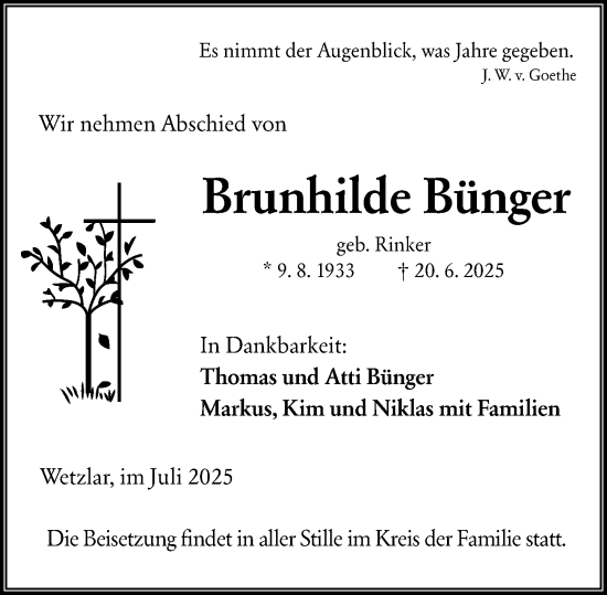 Traueranzeige von Brunhilde Bünger von Wetzlarer Neue Zeitung