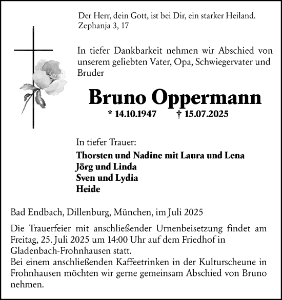 Traueranzeige von Bruno Oppermann von Hinterländer Anzeiger