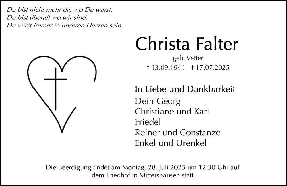  Traueranzeige für Christa Falter vom 26.07.2025 aus Starkenburger Echo