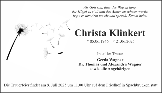 Traueranzeige von Christa Klinkert von Darmstädter Echo