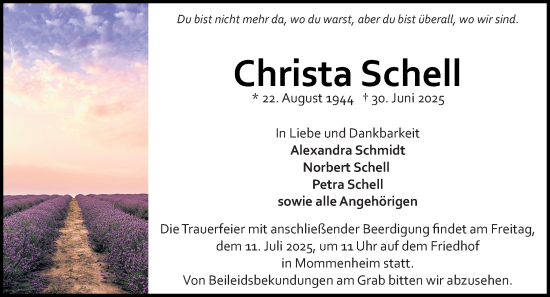 Traueranzeige von Christa Schell von Allgemeine Zeitung Mainz