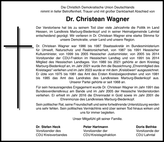 Traueranzeige von Christean Wagner von Hinterländer Anzeiger