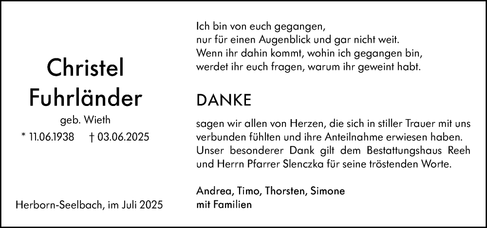  Traueranzeige für Christel Fuhrländer vom 12.07.2025 aus Dill Block