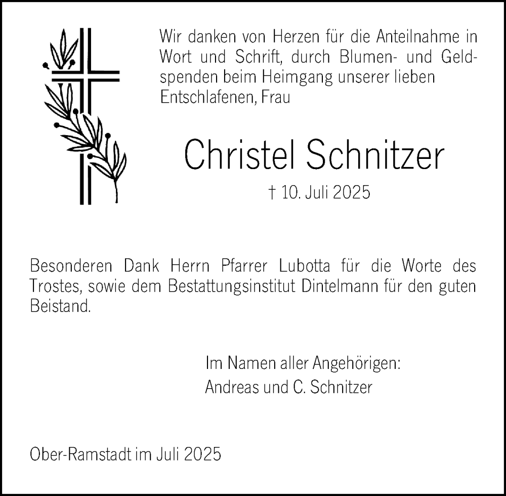  Traueranzeige für Christel Schnitzer vom 26.07.2025 aus Darmstädter Echo