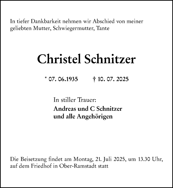 Traueranzeige von Christel Schnitzer von Darmstädter Echo