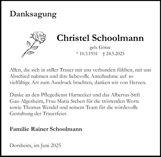 Traueranzeige von Christel Schoolmann von Binger-/Ingelheimer Wochenblatt