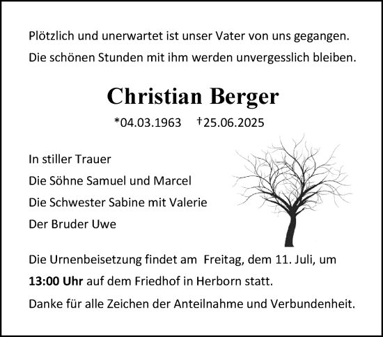 Traueranzeige von Christian Berger von Dill Block