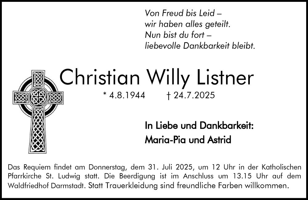  Traueranzeige für Christian Willy Listner vom 30.07.2025 aus Darmstädter Echo