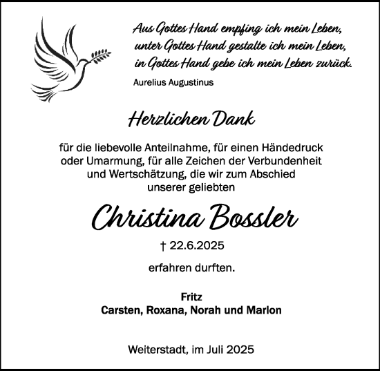 Traueranzeige von Christina Bossler von Darmstädter Echo