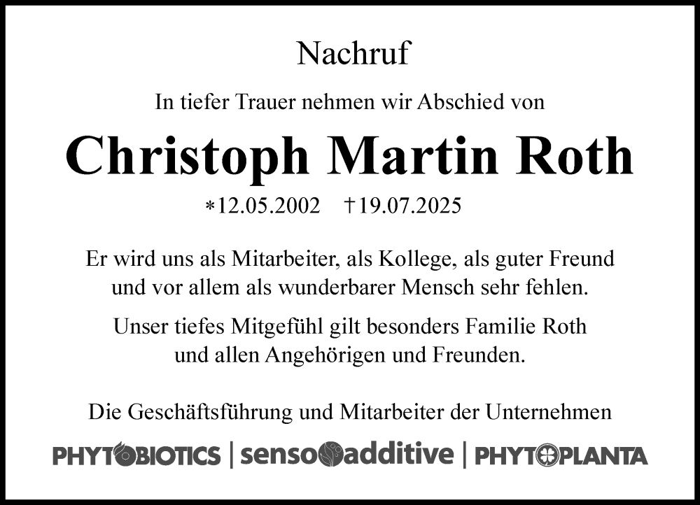  Traueranzeige für Christoph Martin Roth vom 26.07.2025 aus Wiesbadener Kurier