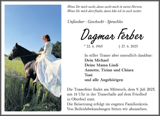Traueranzeige von Dagmar Ferber von Wetzlarer Neue Zeitung
