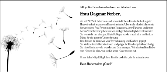 Traueranzeige von Dagmar Ferber von Wetzlarer Neue Zeitung