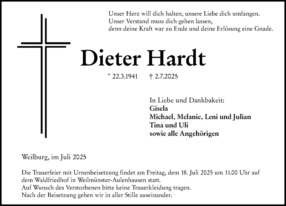  Traueranzeige für Dieter Hardt vom 12.07.2025 aus Weilburger Tageblatt