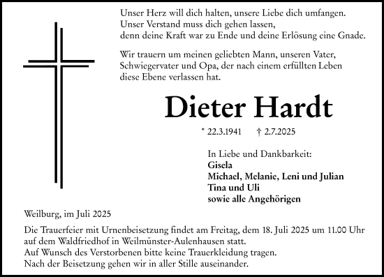 Traueranzeige von Dieter Hardt von Weilburger Tageblatt