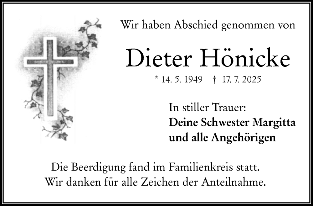 Traueranzeige für Dieter Hönicke vom 28.07.2025 aus Wetzlarer Neue Zeitung