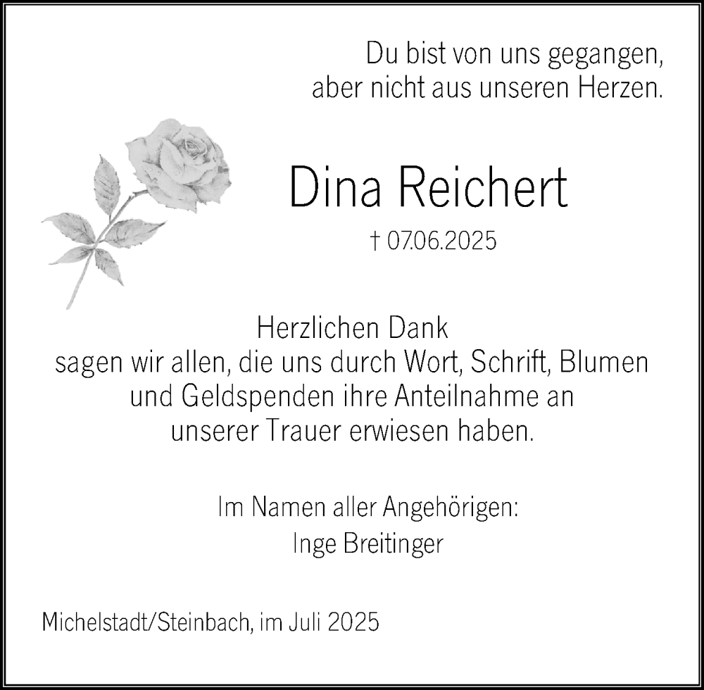  Traueranzeige für Dina Reichert vom 05.07.2025 aus Odenwälder Echo