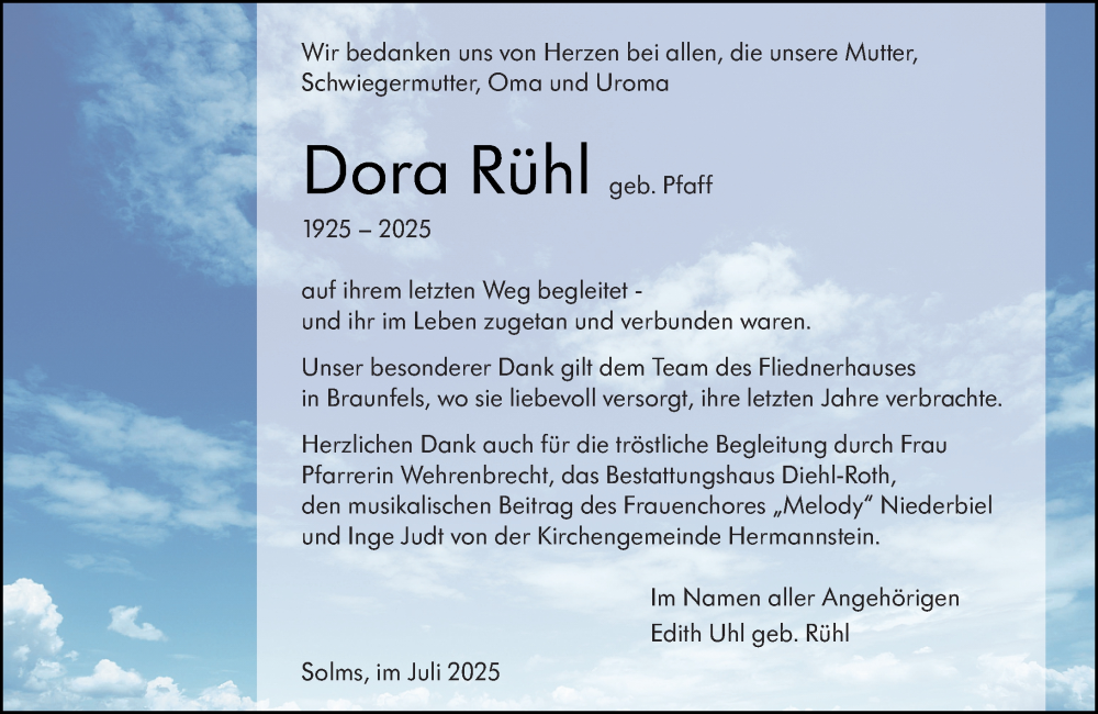  Traueranzeige für Dora Rühl vom 26.07.2025 aus Wetzlarer Neue Zeitung
