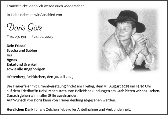Traueranzeige von Doris Götz von Wetzlarer Neue Zeitung