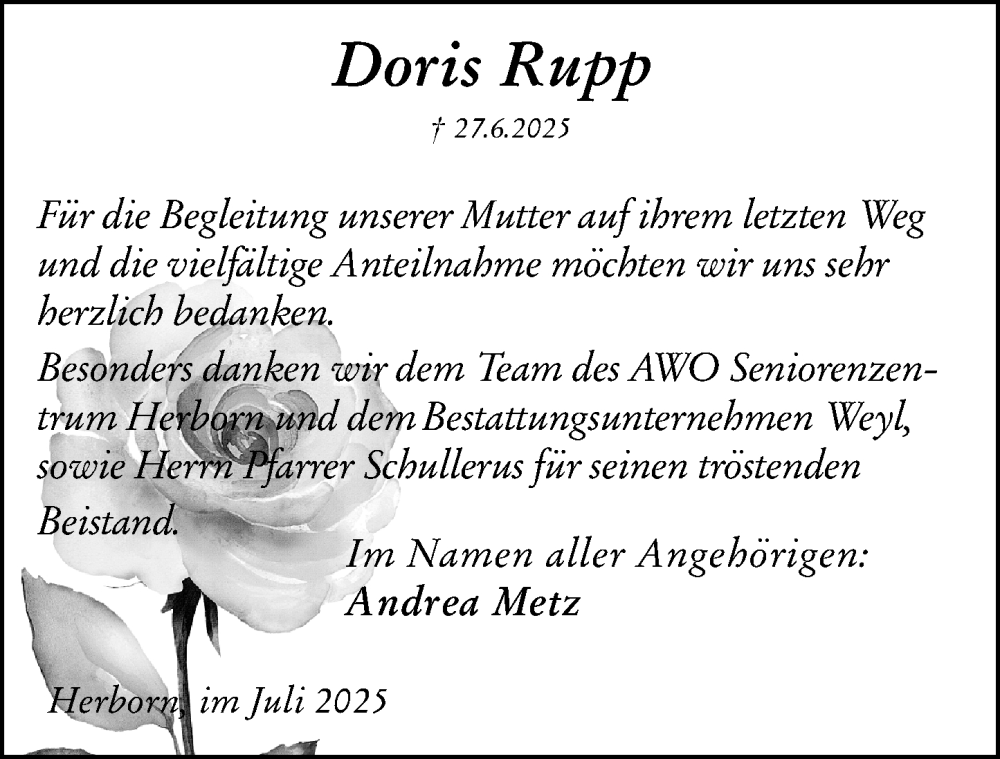  Traueranzeige für Doris Rupp vom 26.07.2025 aus Dill Block