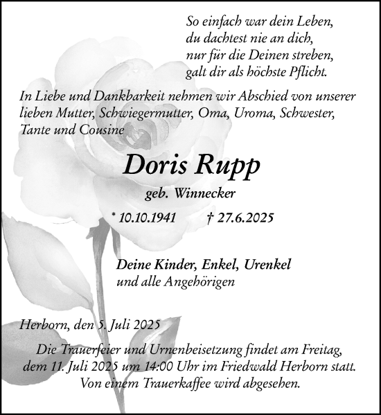 Traueranzeige von Doris Rupp von Dill Block