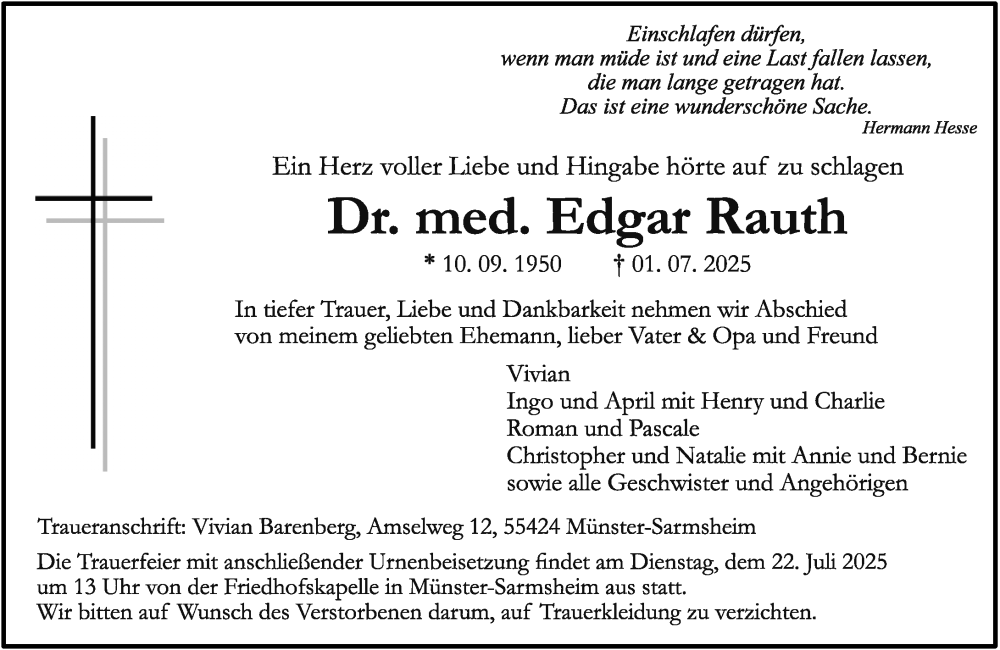  Traueranzeige für Edgar Rauth vom 12.07.2025 aus Allgemeine Zeitung Rheinhessen-Nahe
