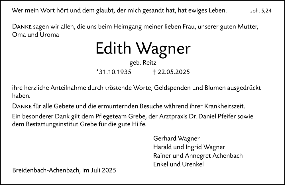 Traueranzeige für Edith Wagner vom 05.07.2025 aus Hinterländer Anzeiger