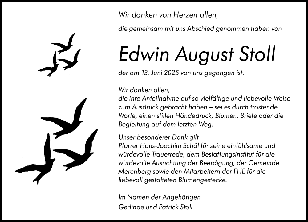  Traueranzeige für Edwin August Stoll vom 19.07.2025 aus Weilburger Tageblatt