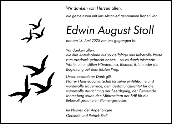 Traueranzeige von Edwin August Stoll von Weilburger Tageblatt