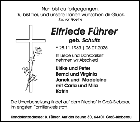 Traueranzeige von Elfriede Führer von Darmstädter Echo