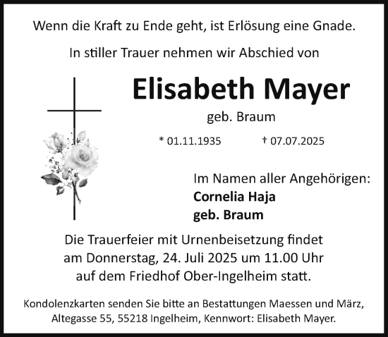Traueranzeige von Elisabeth Mayer von Allgemeine Zeitung Mainz