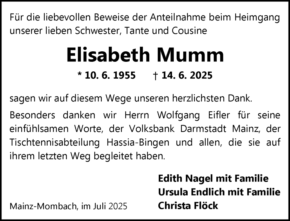  Traueranzeige für Elisabeth Mumm vom 19.07.2025 aus Allgemeine Zeitung Mainz