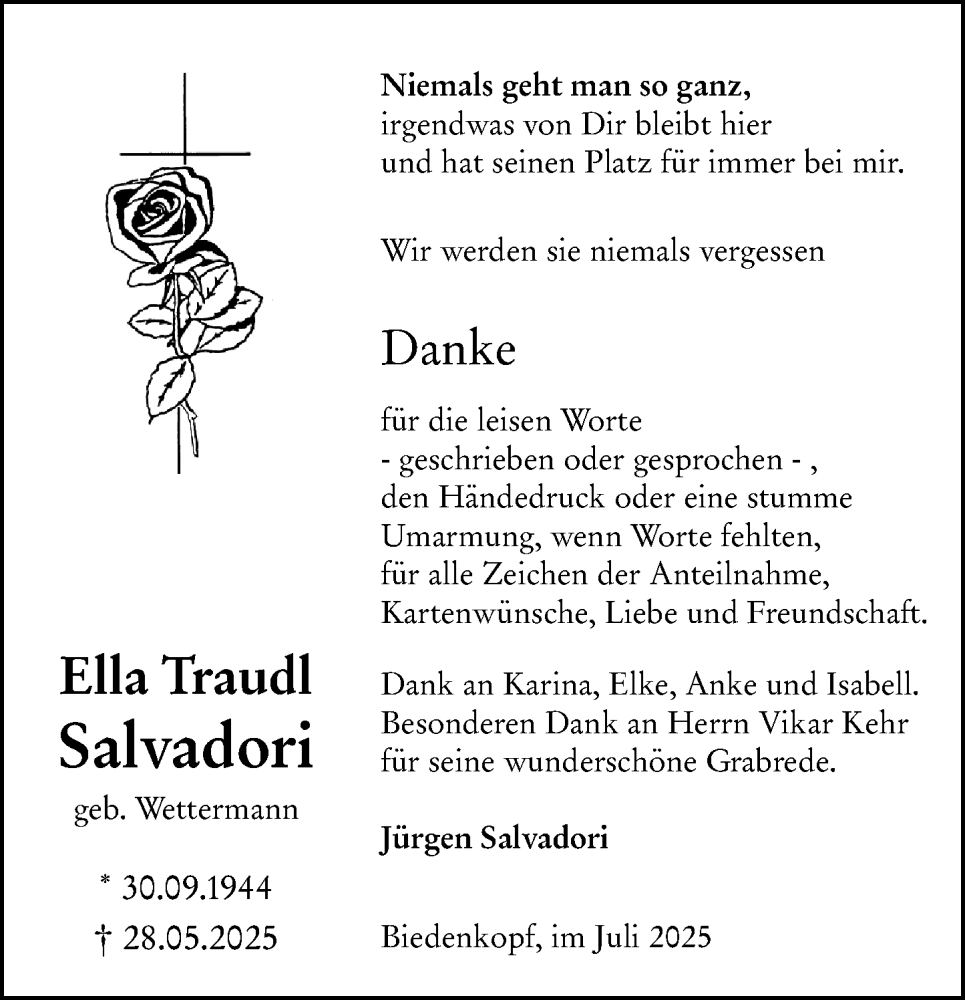  Traueranzeige für Ella Traudl Salvadori vom 09.07.2025 aus Hinterländer Anzeiger