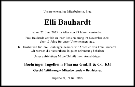 Traueranzeige von Elli Bauhardt von Allgemeine Zeitung Rheinhessen-Nahe